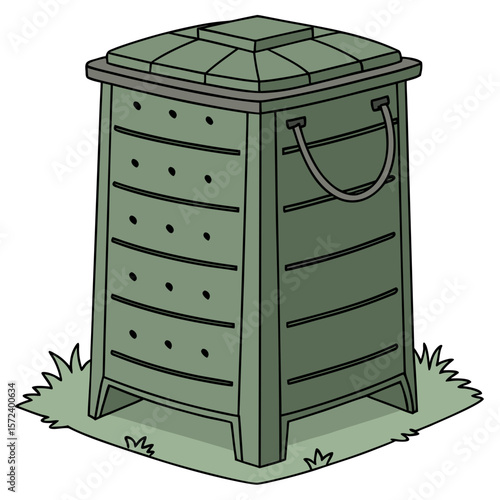 Green compost bin with handles on grass garden outdoor