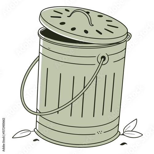 Green compost bin with open lid and leaves grey handle