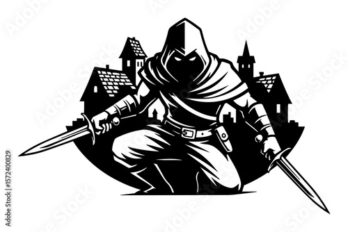 hooded assassin with swords monochrome vector illustration