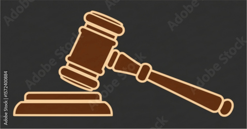 Gavel illustration, a wooden mallet resting on a sound block, symbolizing law, justice, or auction.