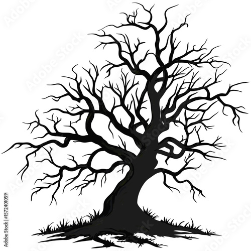 Gnarled black tree silhouette on white branches