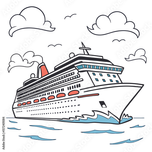 White cruise ship with red and blue accents sailing on blue water with clouds and birds