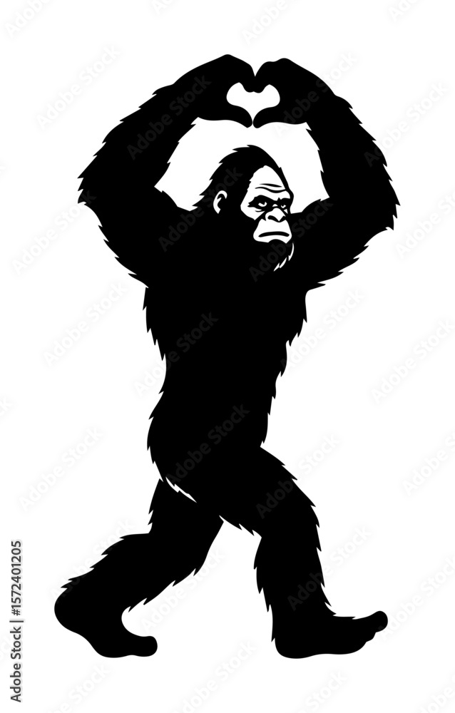 Fototapeta premium bigfoot sasquatch making heart shape hands monochrome vector illustration