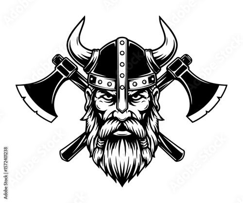 viking warrior head with axes monochrome vector illustration