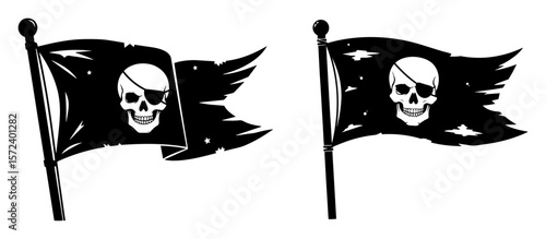 tattered pirate jolly roger flag with skull and eyepatch vector set