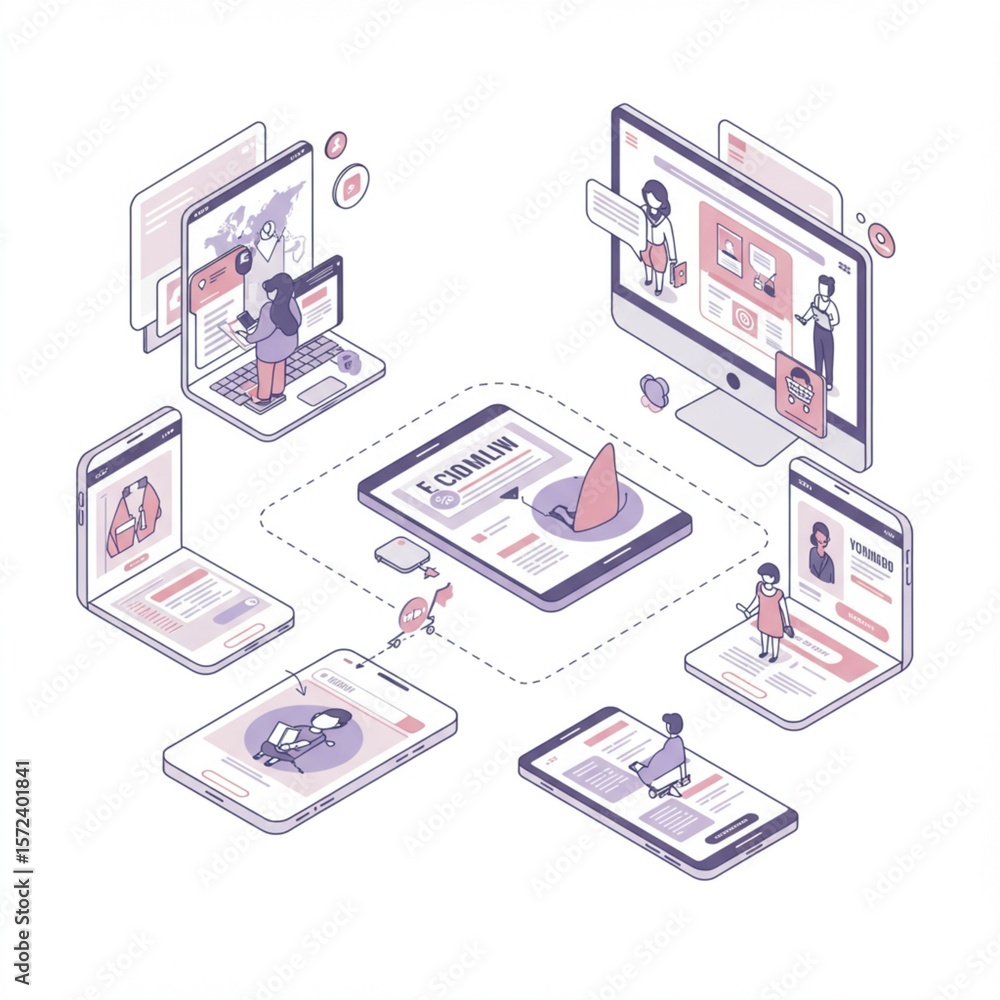 Naklejka premium Conceptual isometric illustration showing online shopping and social media interactions across multiple digital devices for e-commerce.