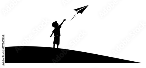 young boy launching a paper airplane childhood dream concept vector