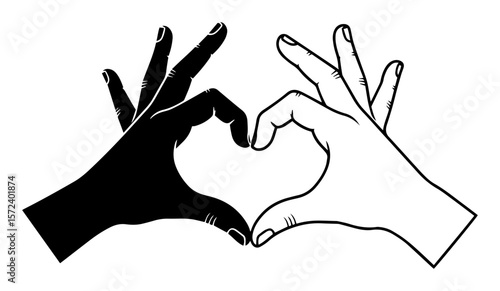 black and white hands making heart shape unity love vector