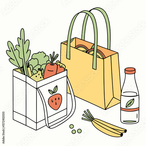 Green produce in reusable bags with drink shopping bags
