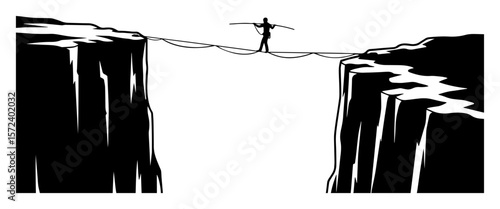 man walking on tightrope over canyon monochrome vector illustration