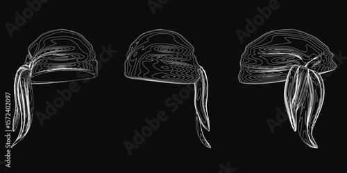 Three detailed hat sketches on a black background, featuring a stylish bandana design among them. The white outlines contrast sharply with the dark backdrop, highlighting each unique shape.