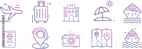 Minimalist line art travel icons set including suitcase, airplane, map, camera, passport, globe, tent, and navigation symbols