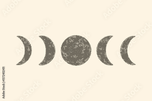 Illustration showing the phases of the moon, from crescent to full and back again, in a textured style.