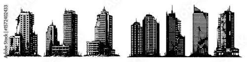 collection of modern and post-apocalyptic city buildings and skyscrapers