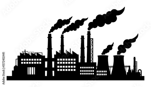 industrial factory plant with smoking chimneys and pipes silhouette icon