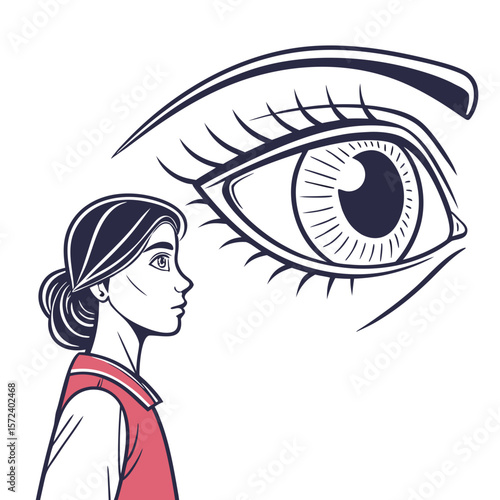 Woman observing large eye looking