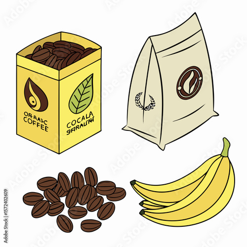 Coffee beans and bananas coffee bag banana bunch