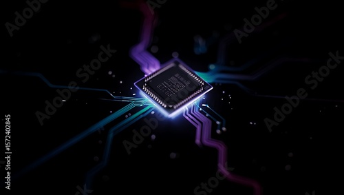 Illuminated microchip with vibrant circuit pathways radiating outwards from its center, A complex computer chip glowing with energy, connected by colorful pathways
