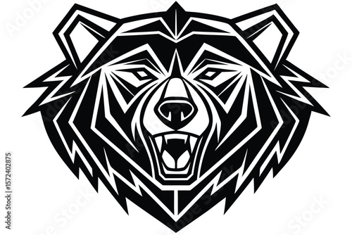 Black stylized grizzly head intensely roars displaying sharp teeth, showing a powerful, formidable animal