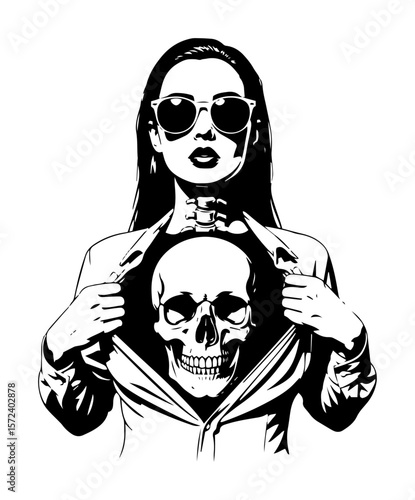 woman opening shirt with skull inside monochrome vector illustration