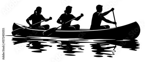 team rowing canoe together monochrome vector illustration