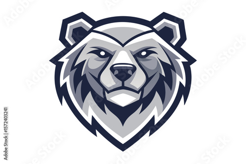 A stylized headshot of a formidable grey bear stares intently forward on a white background