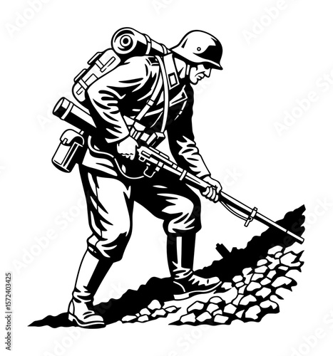 world war soldier climbing trench military vector illustration