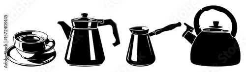 coffee cups and kettles monochrome vector illustration