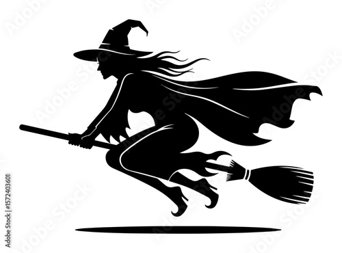witch flying on broomstick silhouette monochrome vector illustration
