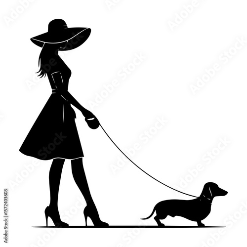 woman walking dog silhouette monochrome vector illustration