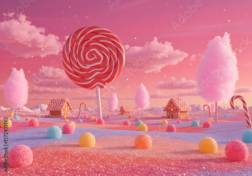 Fantasy Candy Land with Lollipop and Gingerbread Houses | Whimsical Dreamscape for Children's Illustrations and Sweet Themed Marketing