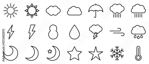 天気　アイコン　線画　セット　黒　ベクター