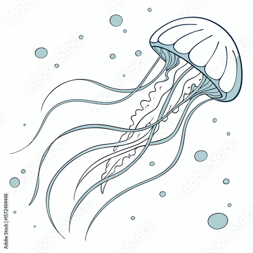 Blue jellyfish with flowing tentacles ocean