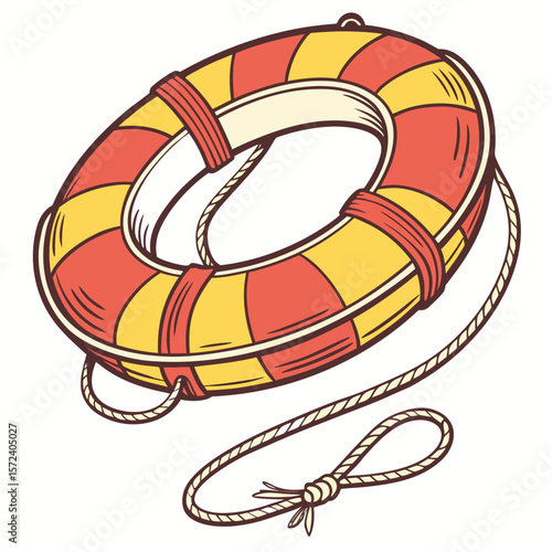 Red yellow lifebuoy with rope safety rescue
