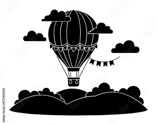 hot air balloon flying over a beautiful hilly landscape at a festival