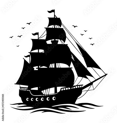 majestic old tall sailing ship galleon on the ocean waves illustration
