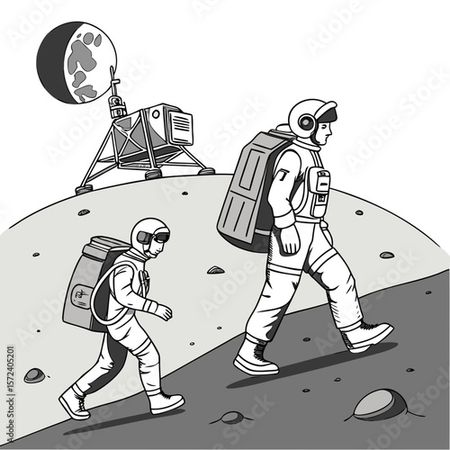 Astronauts walking lunar landscape with moon and lander