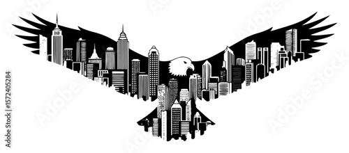 eagle silhouette with city skyline double exposure vector