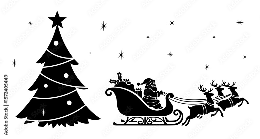 Naklejka premium santa claus sleigh and reindeer christmas vector silhouette