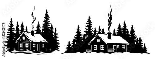 cabin in the woods winter forest landscape vector silhouette
