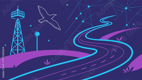 Network tower and road trip vector illustration