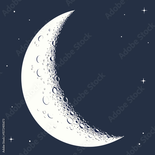 Crescent moon with craters and stars night