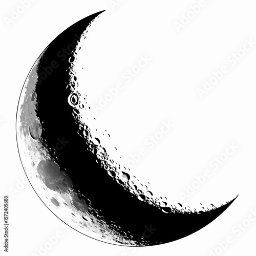 Crescent moon with craters and shadows phase lunar