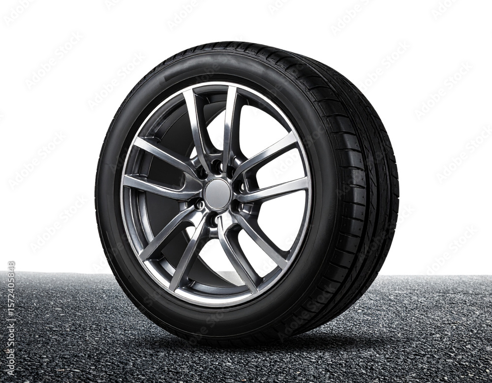 Obraz premium Firefly_Luxury car tire mounted on a high-end aluminum alloy rim, placed on asphalt for a rea 83853.