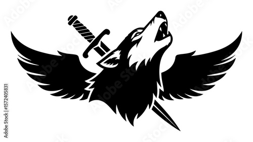 winged wolf with sword monochrome vector illustration