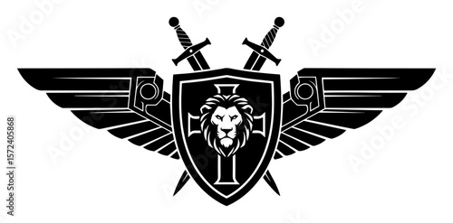winged lion shield swords monochrome vector illustration