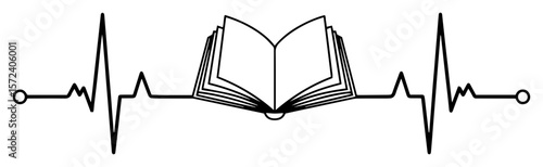 book reading heartbeat line monochrome vector illustration
