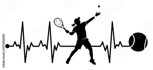tennis player heartbeat line monochrome vector illustration