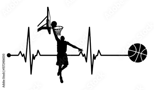 passionate basketball player slam dunk on a heartbeat ecg line vector