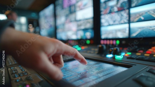 A closeup of a monitoring console displaying a touchscreen interface where an operator uses a finger to zoom in on a live feed while several static monitors behind show a grid of surveillance